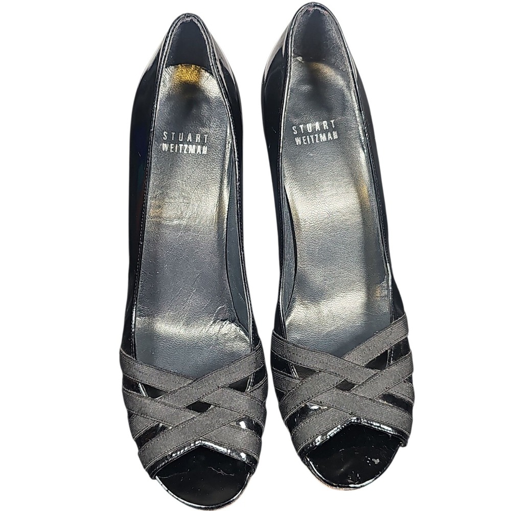 Stuart Weitzman‎ Black Patent Leather Heels Peep Toe Pumps Strappy Size 8